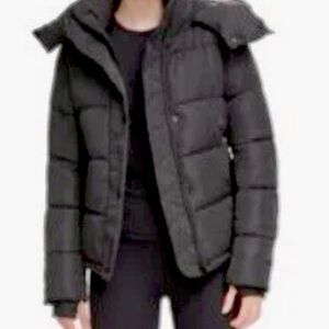 DKNY SPORT Women Black Ribbed Puffer| Zip, Snaps, Lined | Removable Hood | Large